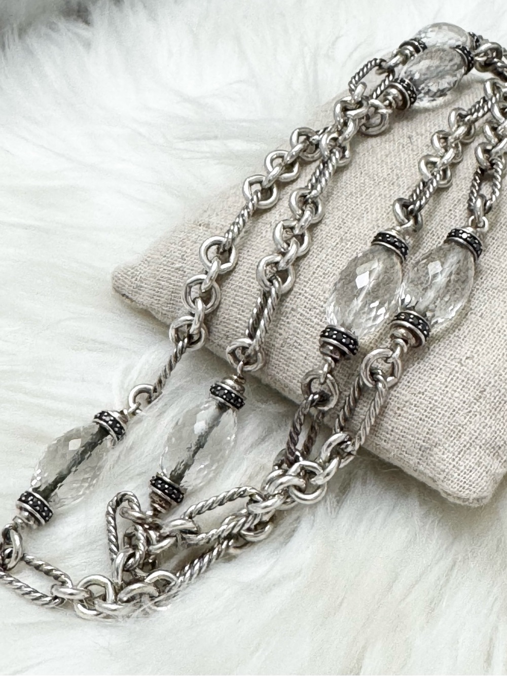 David Yurman .925 18K Clear Quartz Black Diamond Figaro Long Chain Necklace 34” - Picture 3 of 7